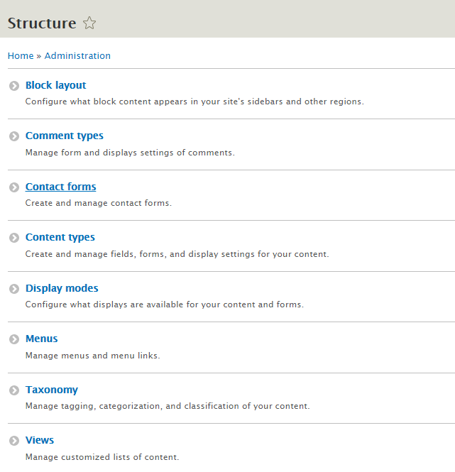 Struktura - konfigurace typů obsahu, menu ...
