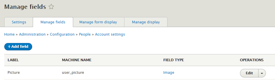 Account settings Manage fields
