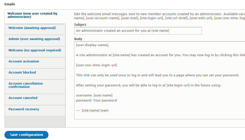 Account settings email templates