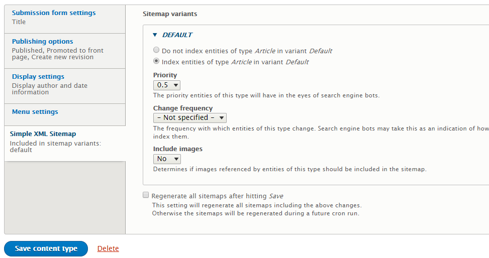 Simple XML sitemap node edit