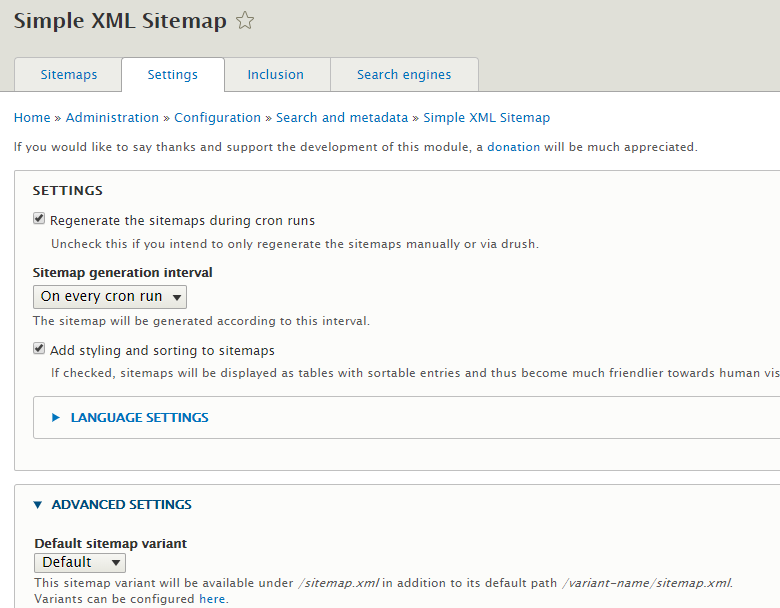 Simple XML sitemap settings