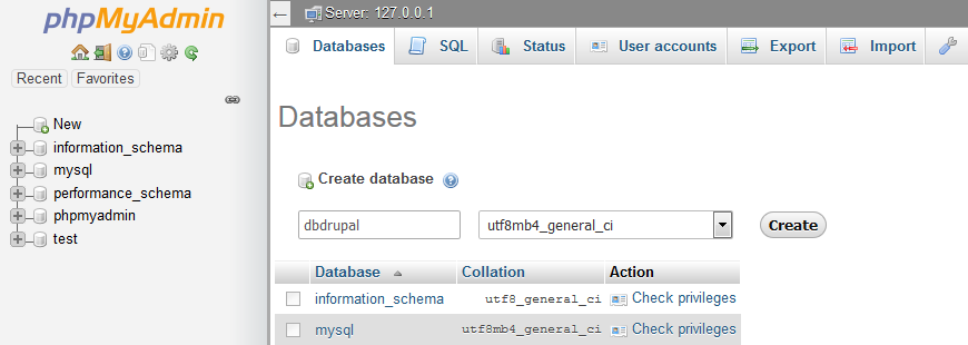 phpMyAdmin vytvoření databáze