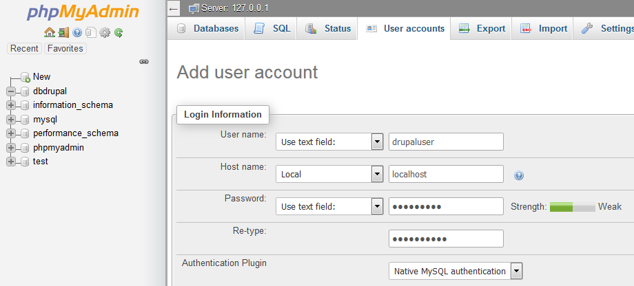 phpMyAdmin vytvoření nového uživatele