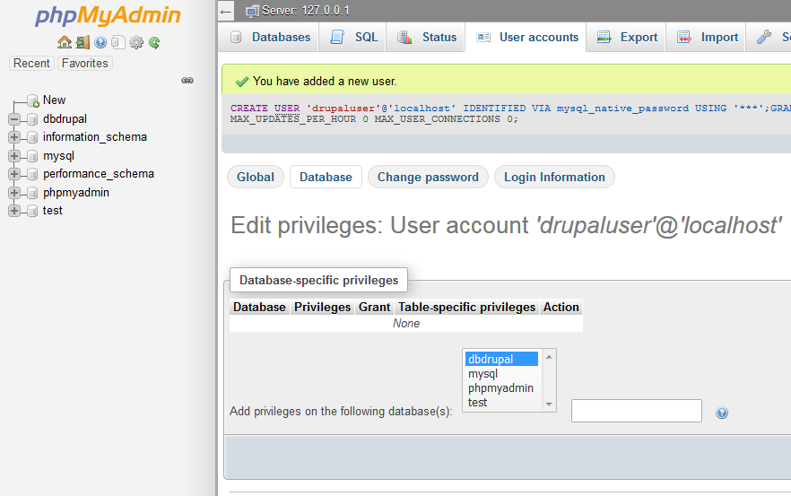 phpMyAdmin nastevení oprávnění k databázi