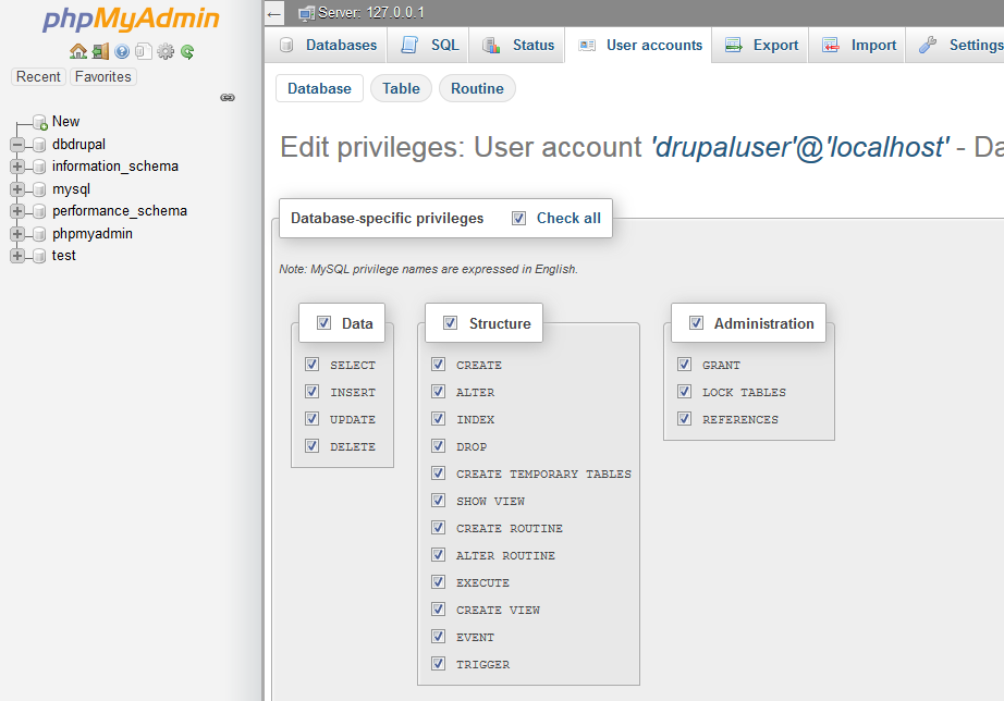 phpMyAdmin nastevení oprávnění k databázi