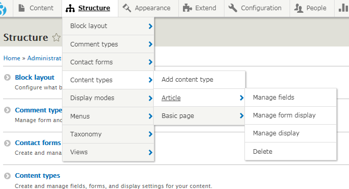 Structure toolbar menu