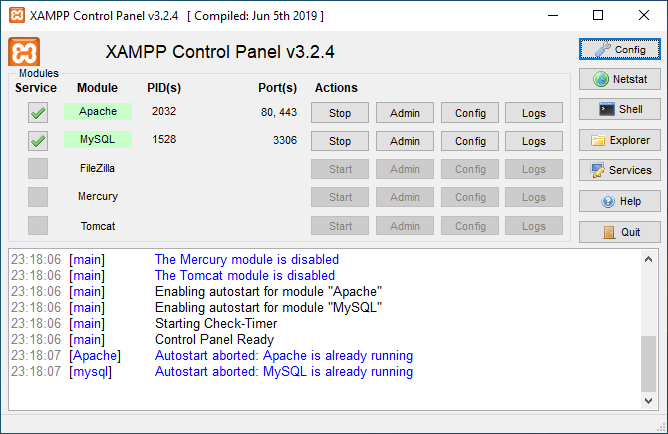 XAMPP control panel