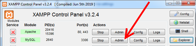 XAMPP ovládací panel - spuštění phpMyAdmin