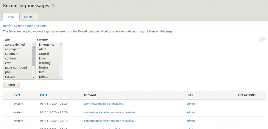 Database Logging Recent log messages