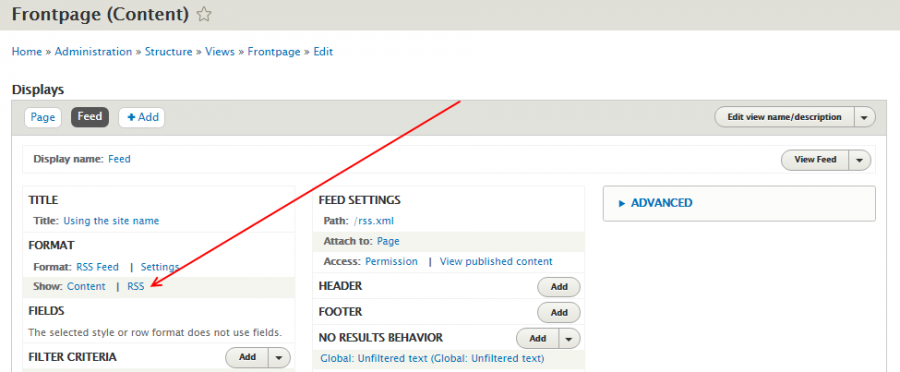 Nastavení View - display Feed, format RSS Feed
