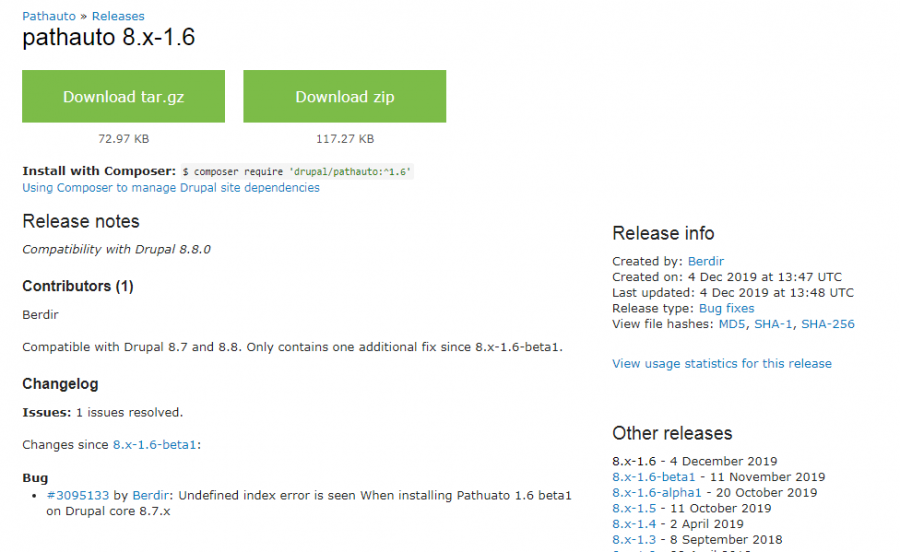 Ukázka hezkých release notes 8.x-1.6 modulu pathauto
