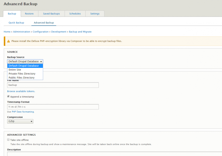 Backup and Migrate - Advanced Backup
