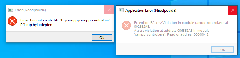 xampp chybové hlášky